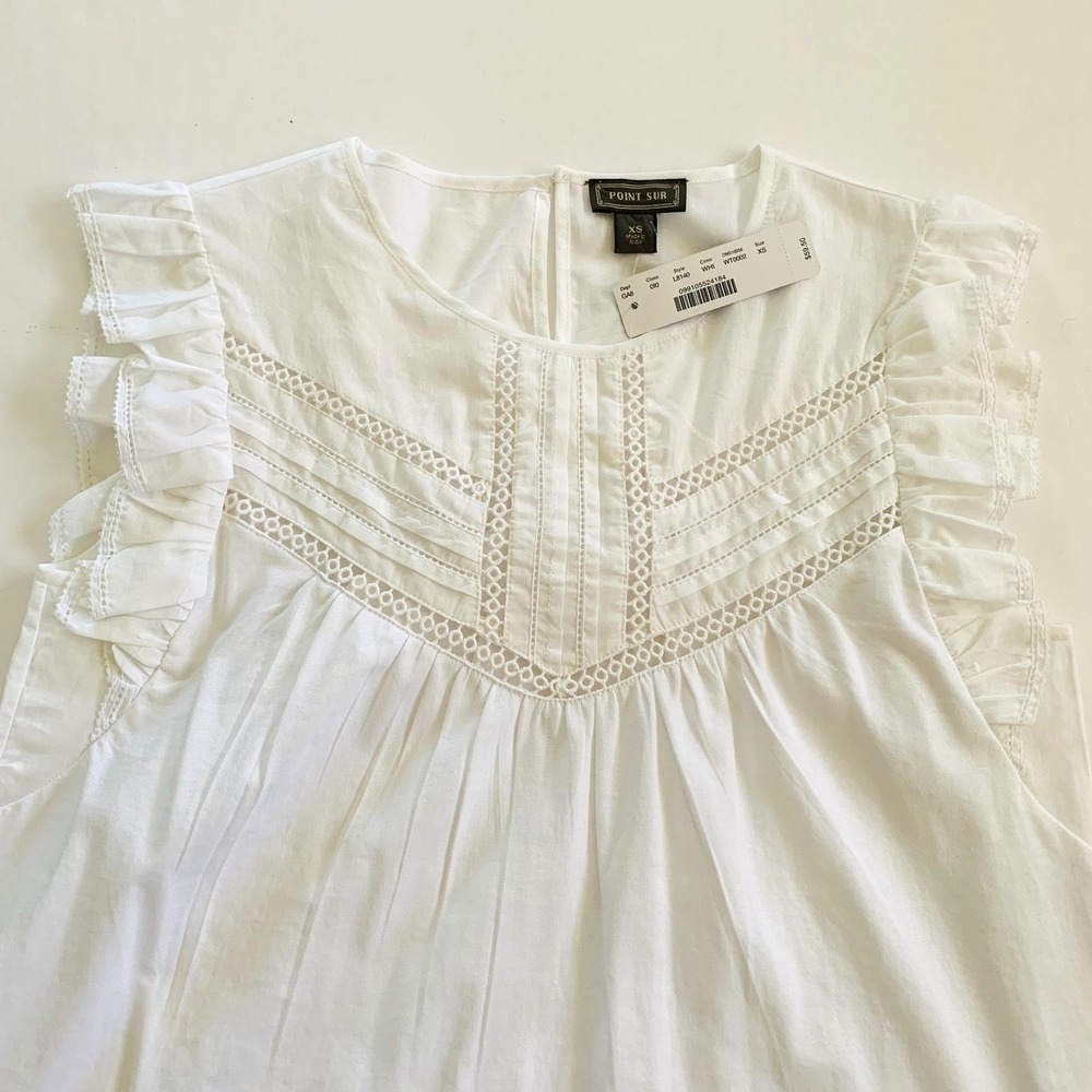 NWT J Crew Point Sur Pin Tucked Lace Flutter Ruffle Top XS 0 2 White‎ Cotton